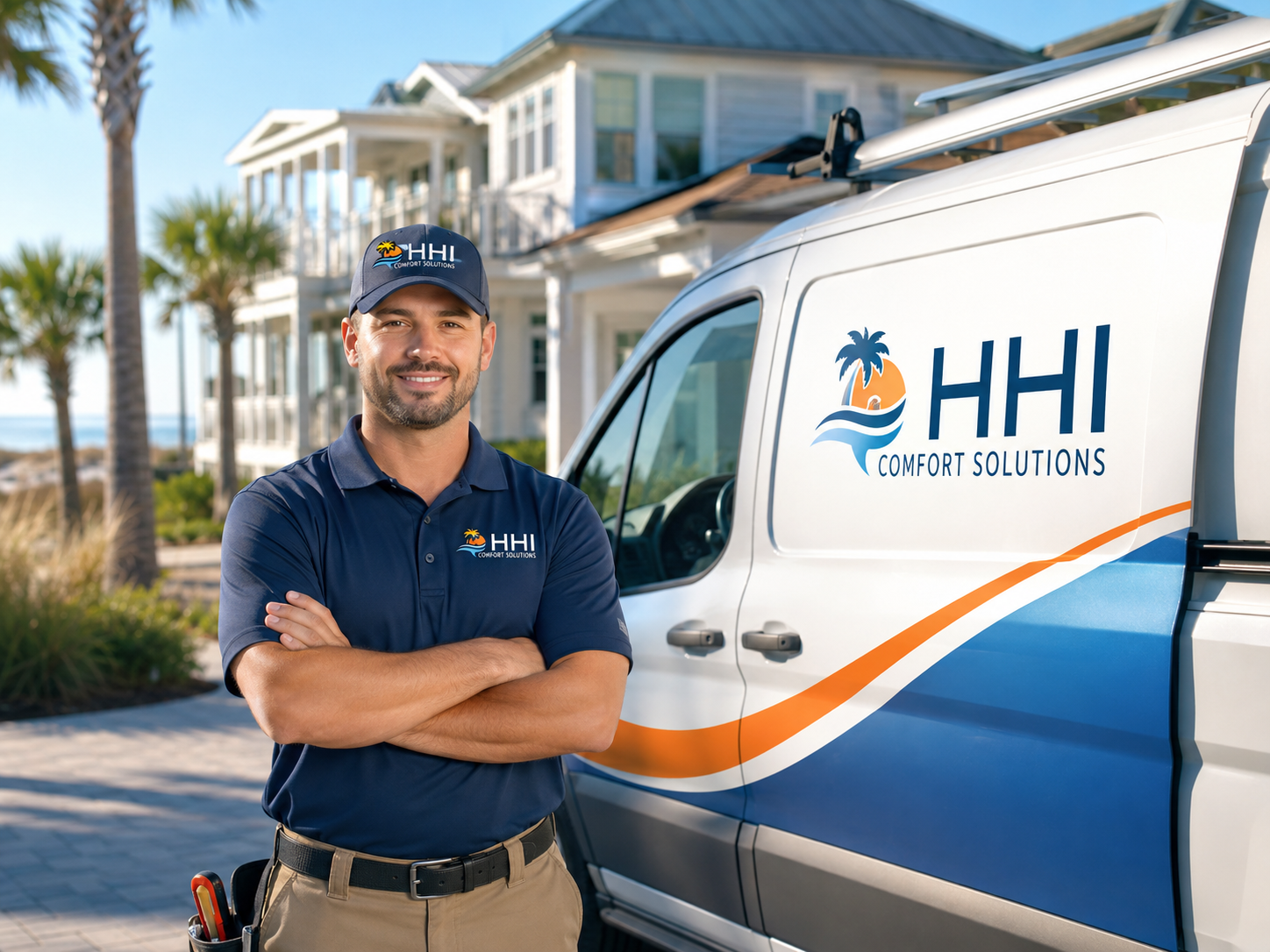 HHI Climate Solutions technician servicing a heat pump at a Hilton Head home